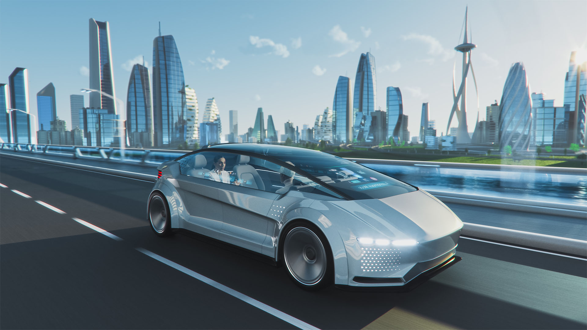 About us – Exploring Future proof tech Futuristic electric vehicle in foreground with city in the background