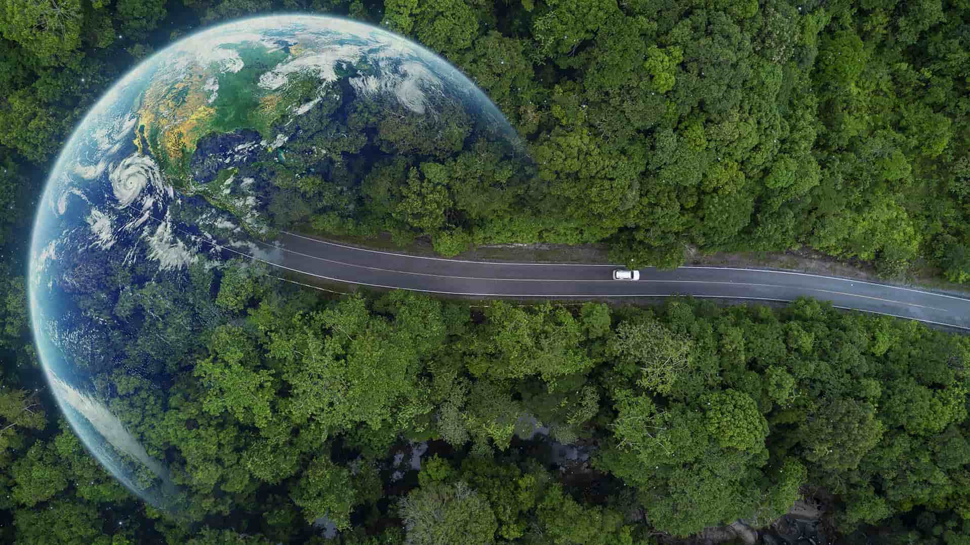 An image of the earth and an image of a forest road overlapping. Showing the forest road coming out of earth