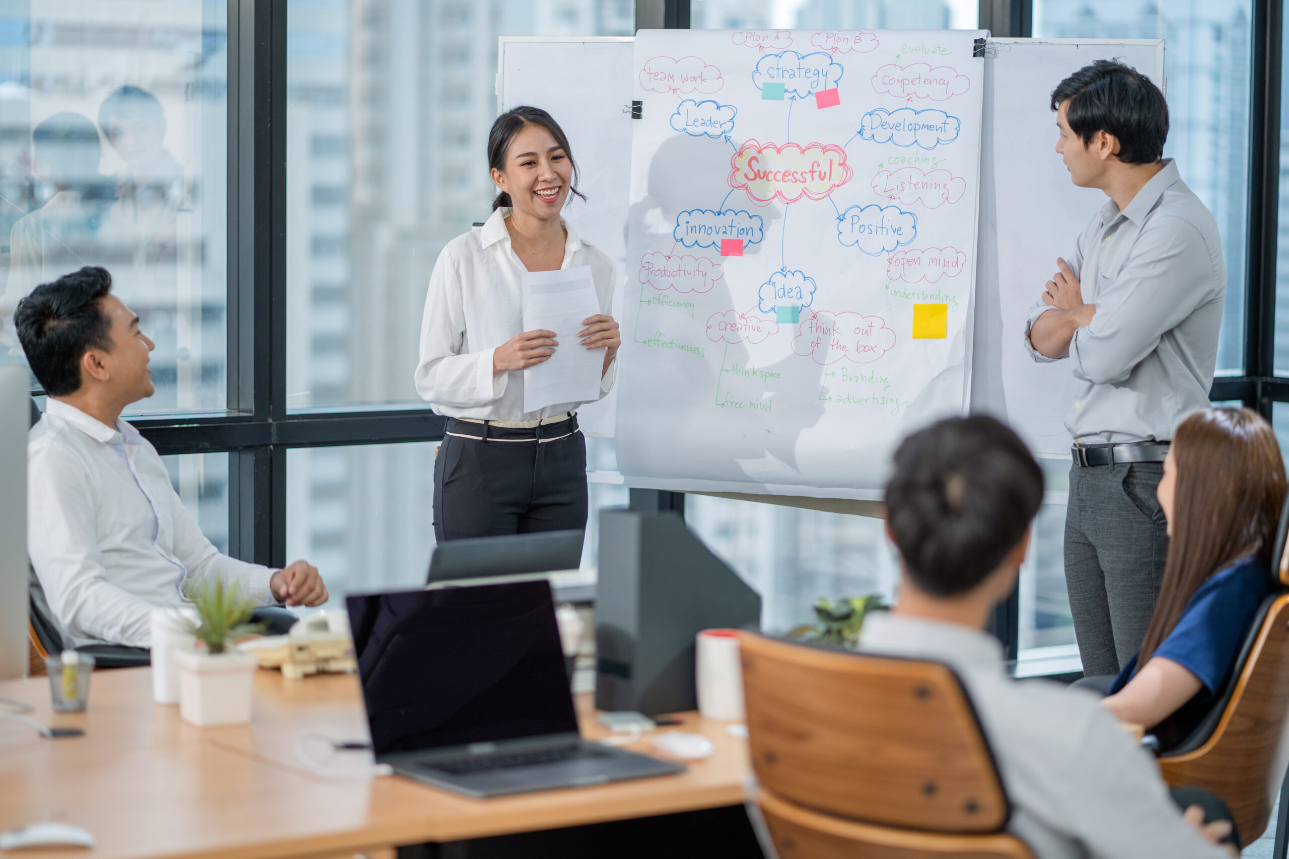 Happy Asian Business team Meeting in modern office.Unity and teamwork.Colleagues meeting to discuss their to Successful way,Asian Business presentation
