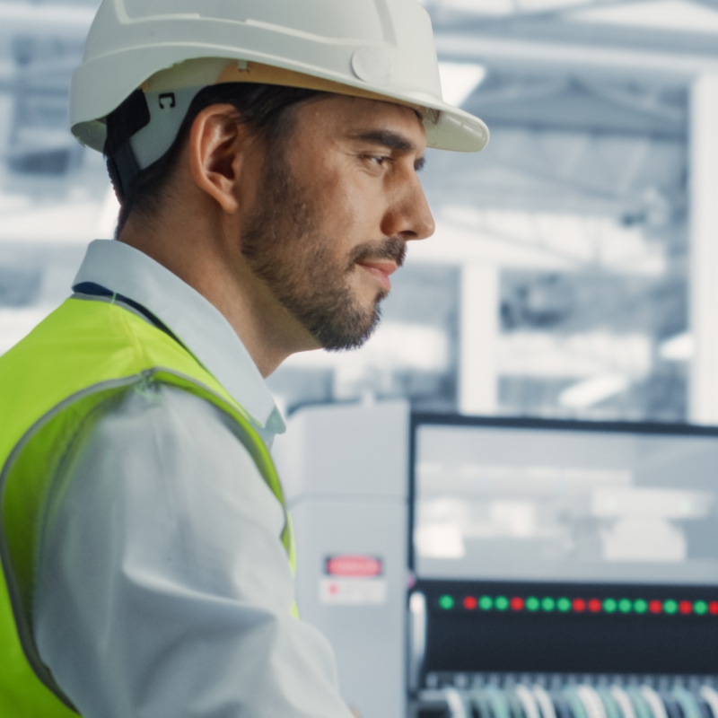 Success Stories More to Explore Man in hard hat on computer